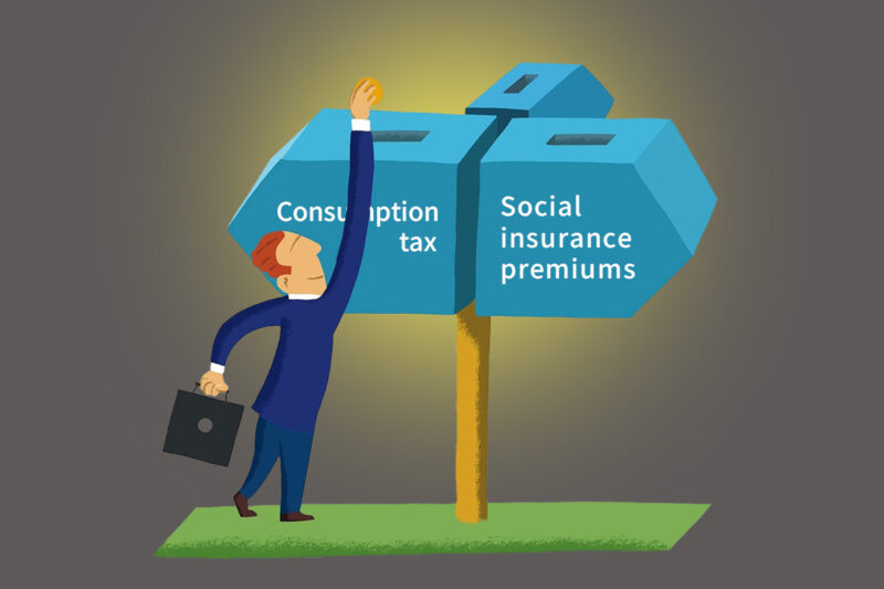 Illustration of a man placing a coin into a box labeled “Consumption tax,” highlighting Japan’s opaque tax structure.